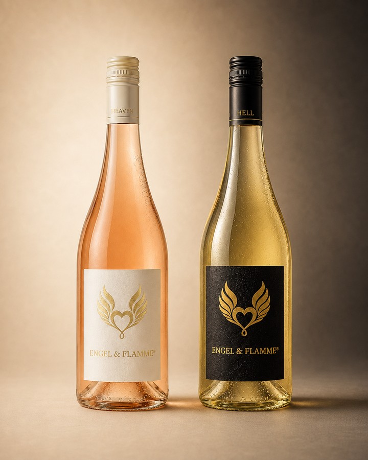 Engel & Flamme Duo — HEAVEN Rosé und HELL Weißwein nebeneinander