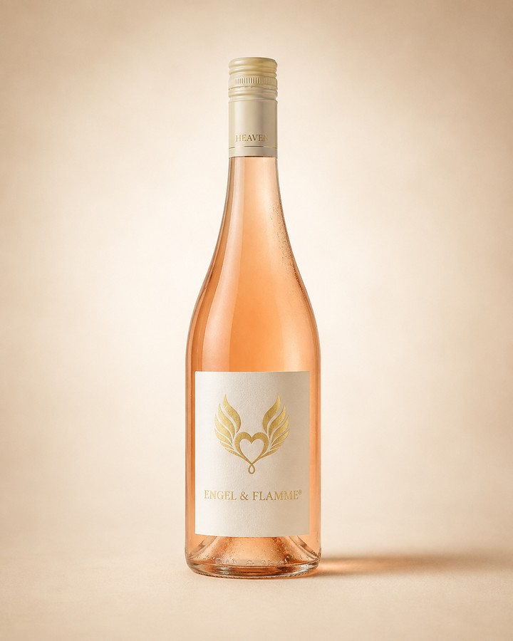 Engel & Flamme HEAVEN — die Rosé-Flasche im cleanen Off-White-Design mit goldenem Logo