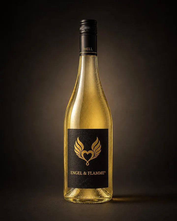 Engel & Flamme HELL: die Weißwein-Flasche mit schwarzem Etikett und goldenem Flügelherz